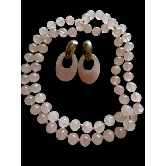 Rose Quartz Necklace Pierced Earrings Set Vintage Knotted Bead Pink Silver Tone - Picture 2 of 6